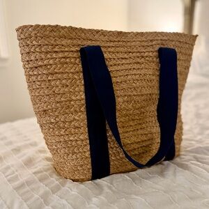 NWT JCrew Factory Natural and Navy Woven Straw Tote